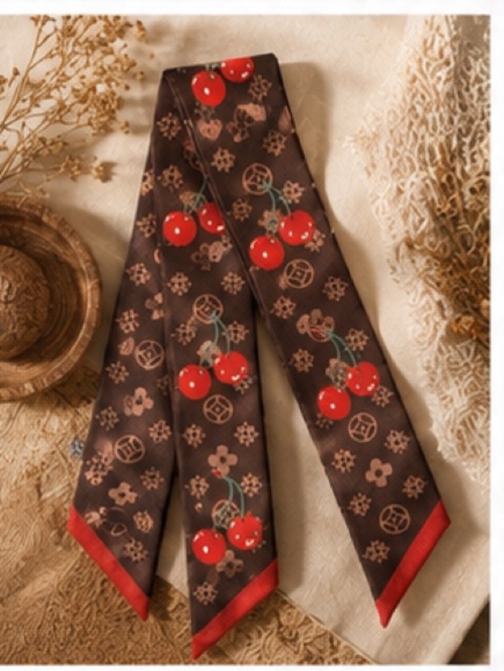 Brown Cherry Print Skinny Twilly Scarf Hair Ribbon Neck Scarf Purse Tie